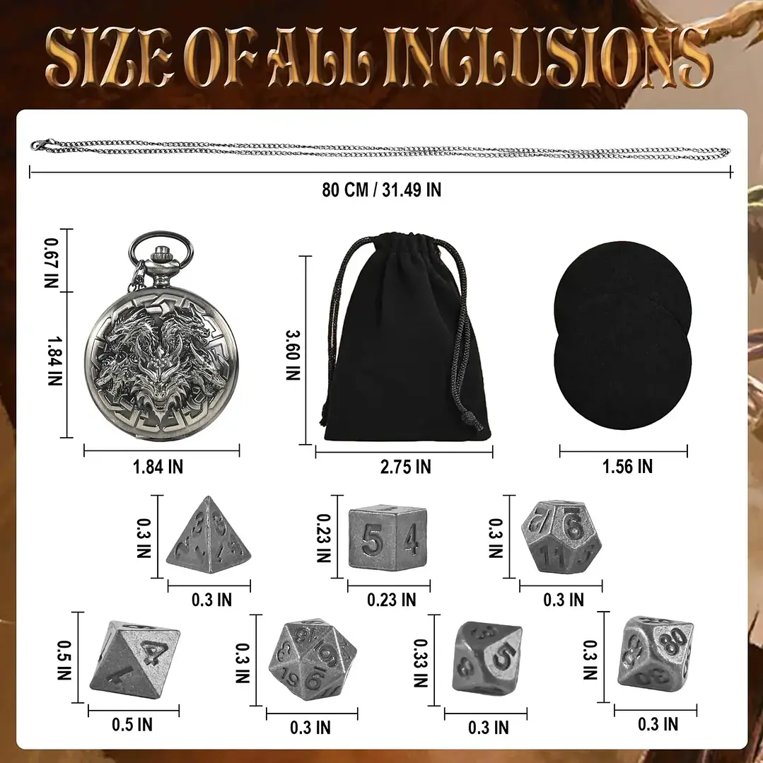 Juego de dados Kabinka Dnd de 7 piezas, mini dados metálicos con carcasa de reloj de bolsillo 3
