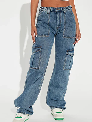 Jeans Tall Don't You Worry Wide Leg Cargo - Deslavado Medio Azul