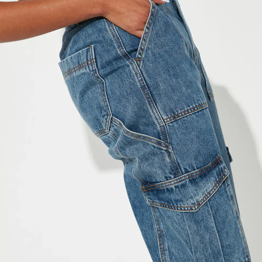 Jeans Tall Don't You Worry Wide Leg Cargo - Deslavado Medio Azul 4