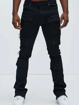 Jeans Ajustado Y Acampanado Let's Go Fray Cargo - Negro