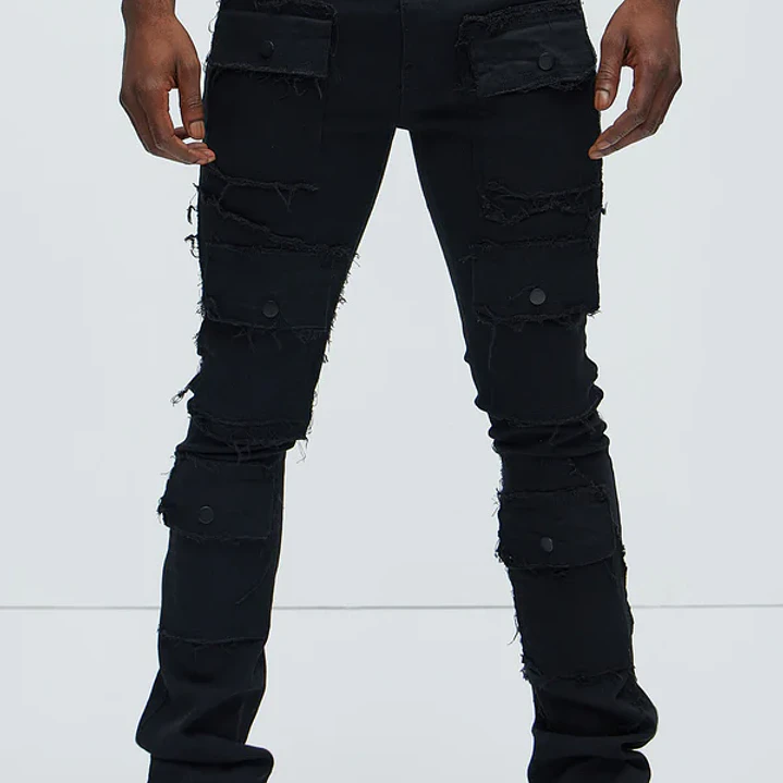 Jeans Ajustado Y Acampanado Let's Go Fray Cargo - Negro 1