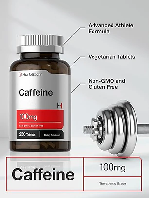 Horbäach cafeína de 100 mg | 250 tabletas | Fórmula vegetariana | Suplemento sin OMG, sin gluten
