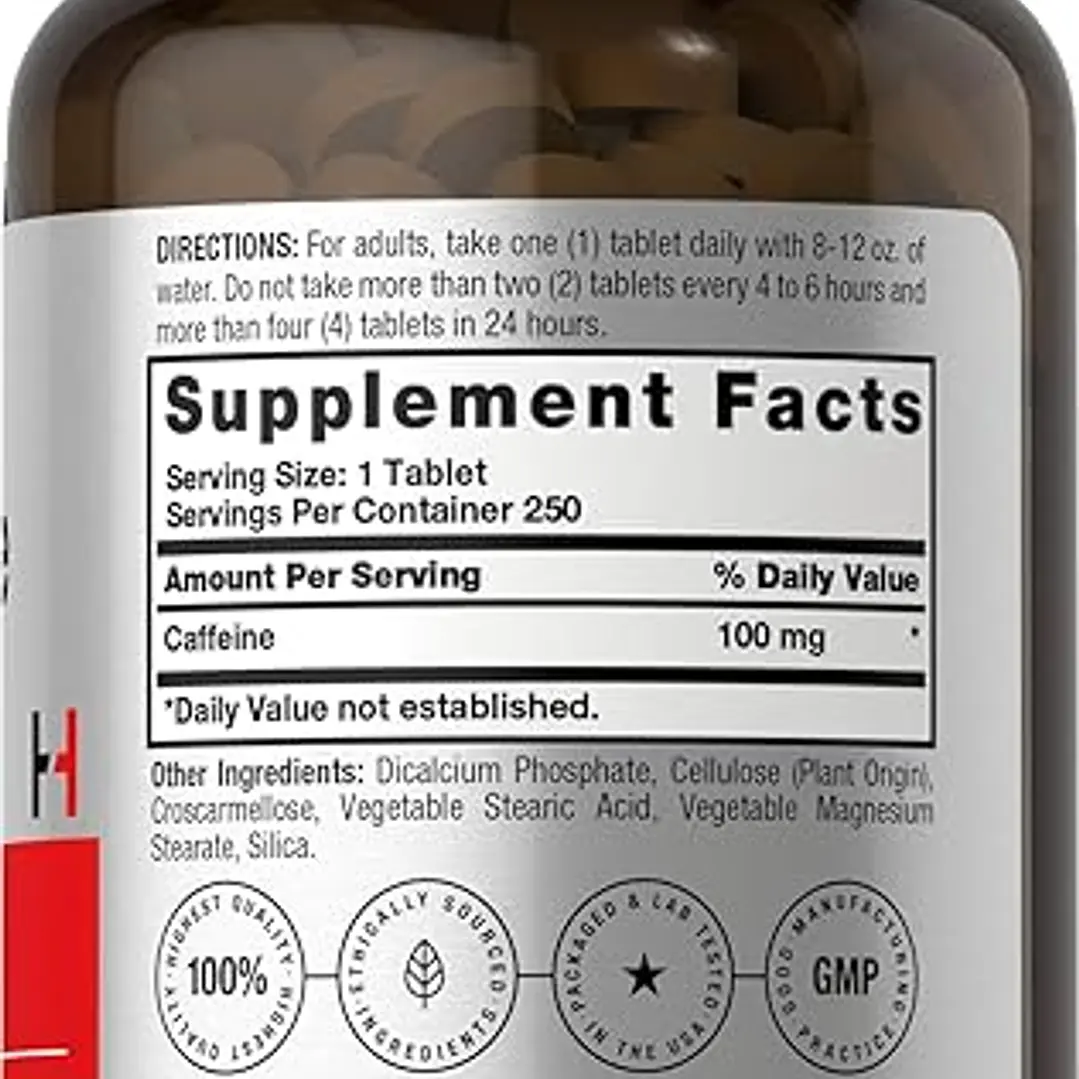 Horbäach cafeína de 100 mg | 250 tabletas | Fórmula vegetariana | Suplemento sin OMG, sin gluten 3
