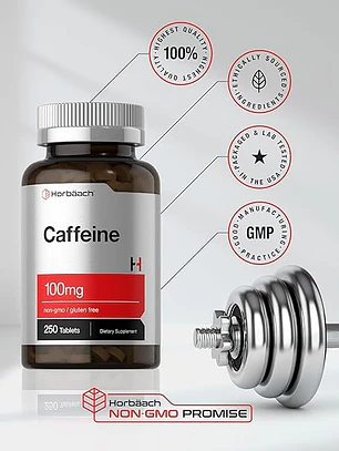 Horbäach cafeína de 100 mg | 250 tabletas | Fórmula vegetariana | Suplemento sin OMG, sin gluten