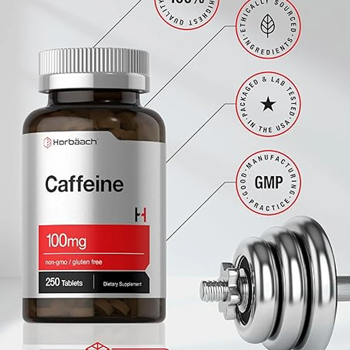 Horbäach cafeína de 100 mg | 250 tabletas | Fórmula vegetariana | Suplemento sin OMG, sin gluten 1