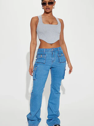 💙👖 Jeans Fashion Nova Late Nights Mid Rise Cargo Flare – Medium Blue Wash | Talla 40 (Chile) 👖💙