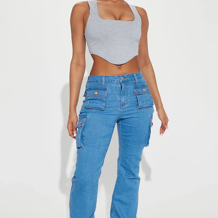 💙👖 Jeans Fashion Nova Late Nights Mid Rise Cargo Flare – Medium Blue Wash | Talla 40 (Chile) 👖💙 1