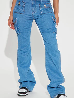 💙👖 Jeans Fashion Nova Late Nights Mid Rise Cargo Flare – Medium Blue Wash | Talla 40 (Chile) 👖💙