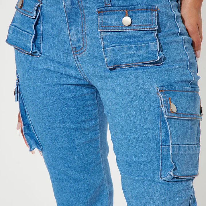 💙👖 Jeans Fashion Nova Late Nights Mid Rise Cargo Flare – Medium Blue Wash | Talla 40 (Chile) 👖💙 3