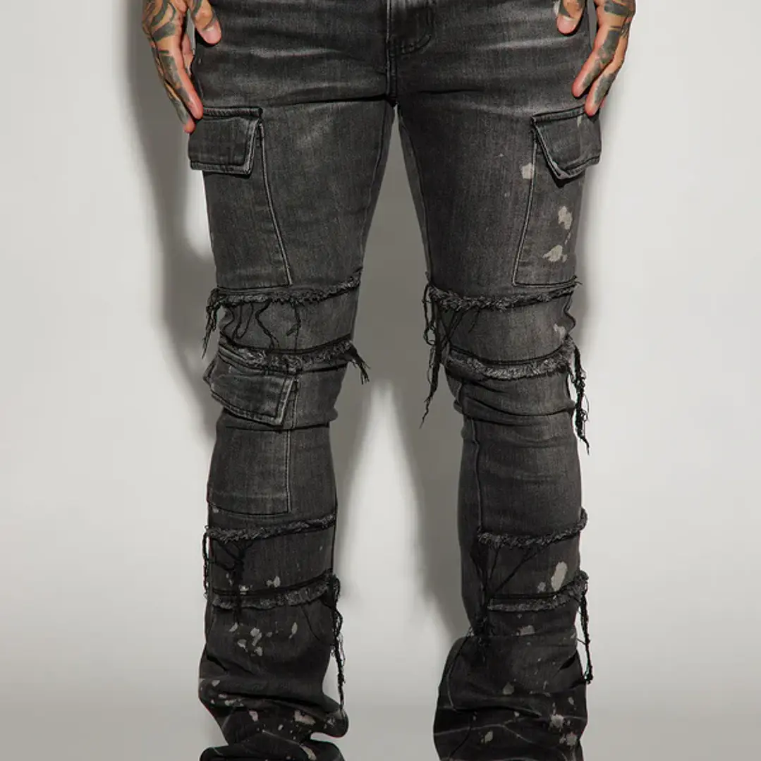 Jeans Fashion Nova Side Snap Cargo Stacked Skinny Flare – Black Wash | Talla 42 3