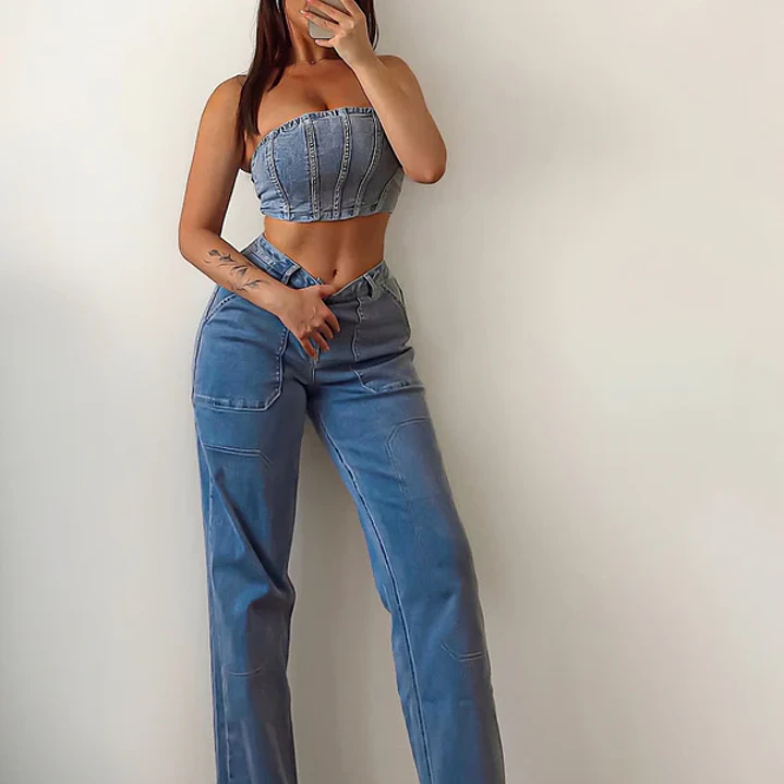 💙✨ Conjunto Fashion Nova Nathalia Pant Set – Medium Wash | Talla S ✨💙 1