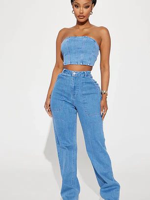 💙✨ Conjunto Fashion Nova Nathalia Pant Set – Medium Wash | Talla S ✨💙