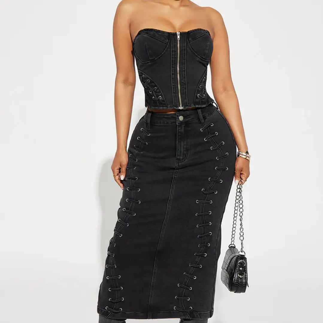 Conjunto Fashion Nova Take Control Denim Skirt Set – Negro  Talla M 1