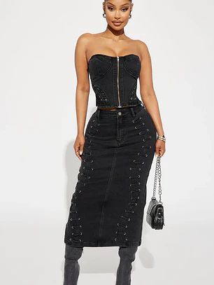 Conjunto Fashion Nova Take Control Denim Skirt Set – Negro  Talla M