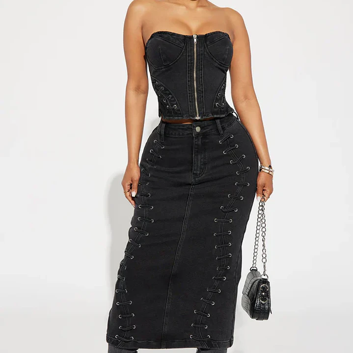 Conjunto Fashion Nova Take Control Denim Skirt Set – Negro  Talla M 1
