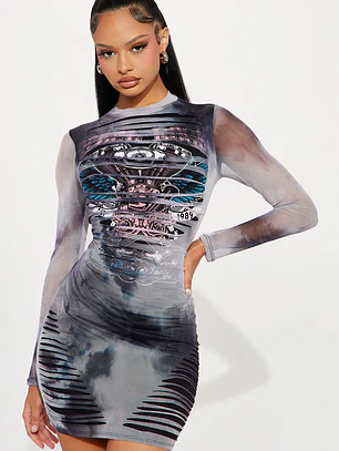 Vestido Fashion Nova Rebel Rock Mini Dress – Grey Combo | Talla XS