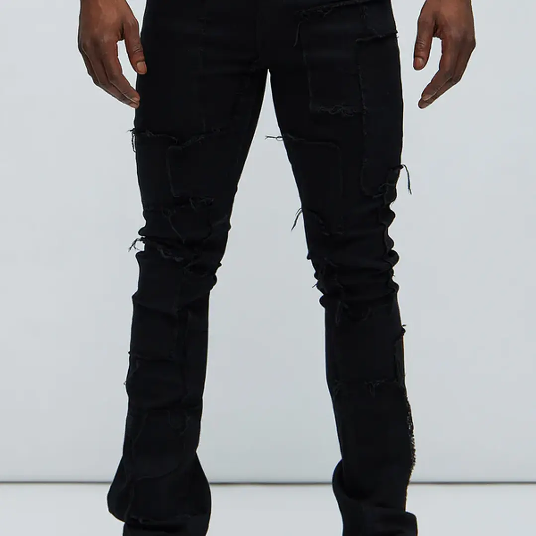 Jeans Fashion Nova Frayed Patches Stacked Skinny Flare Black – Talla 30 2