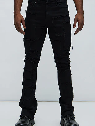 Jeans Fashion Nova Frayed Patches Stacked Skinny Flare Black – Talla 30