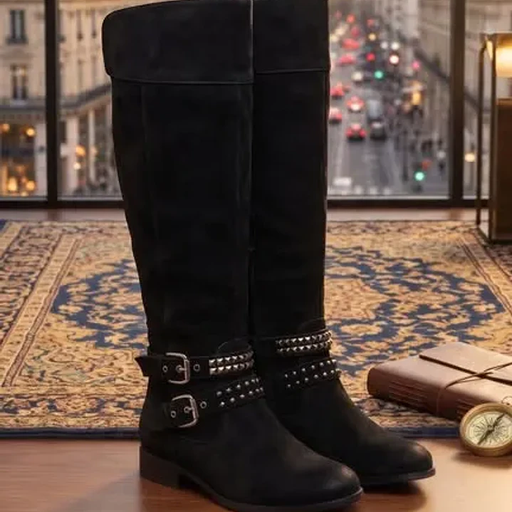 Bota Negra Mujer Gamuza Con Hebillas 37 6
