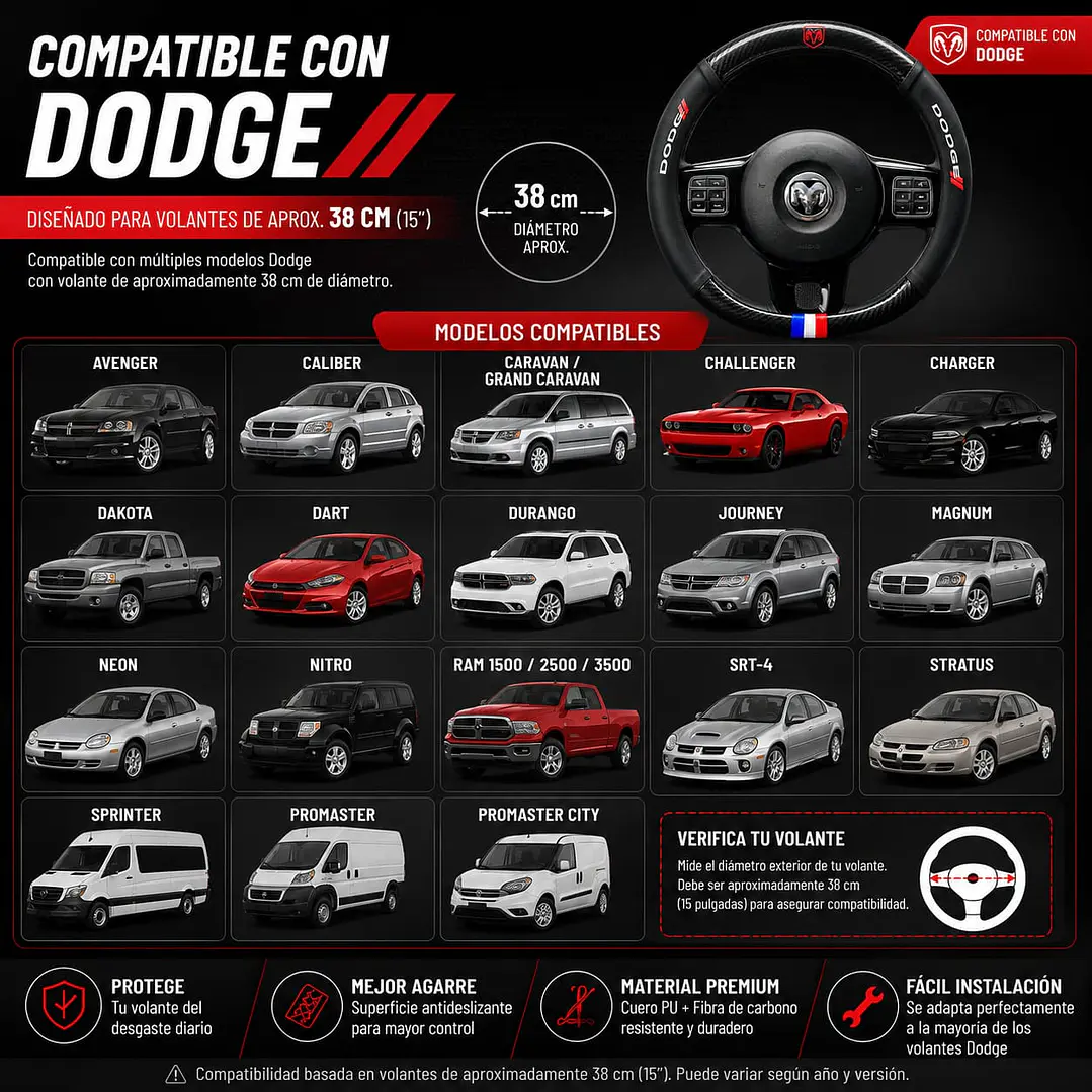 Cubre Volante Deportivo 38 cm Compatible con Dodge 2