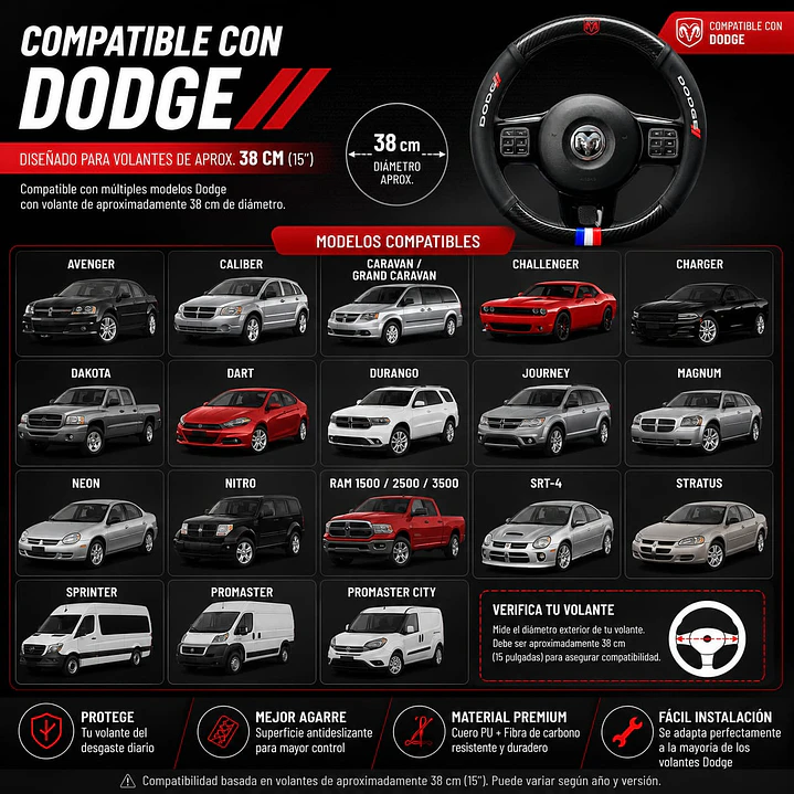 Cubre Volante Deportivo 38 cm Compatible con Dodge 2