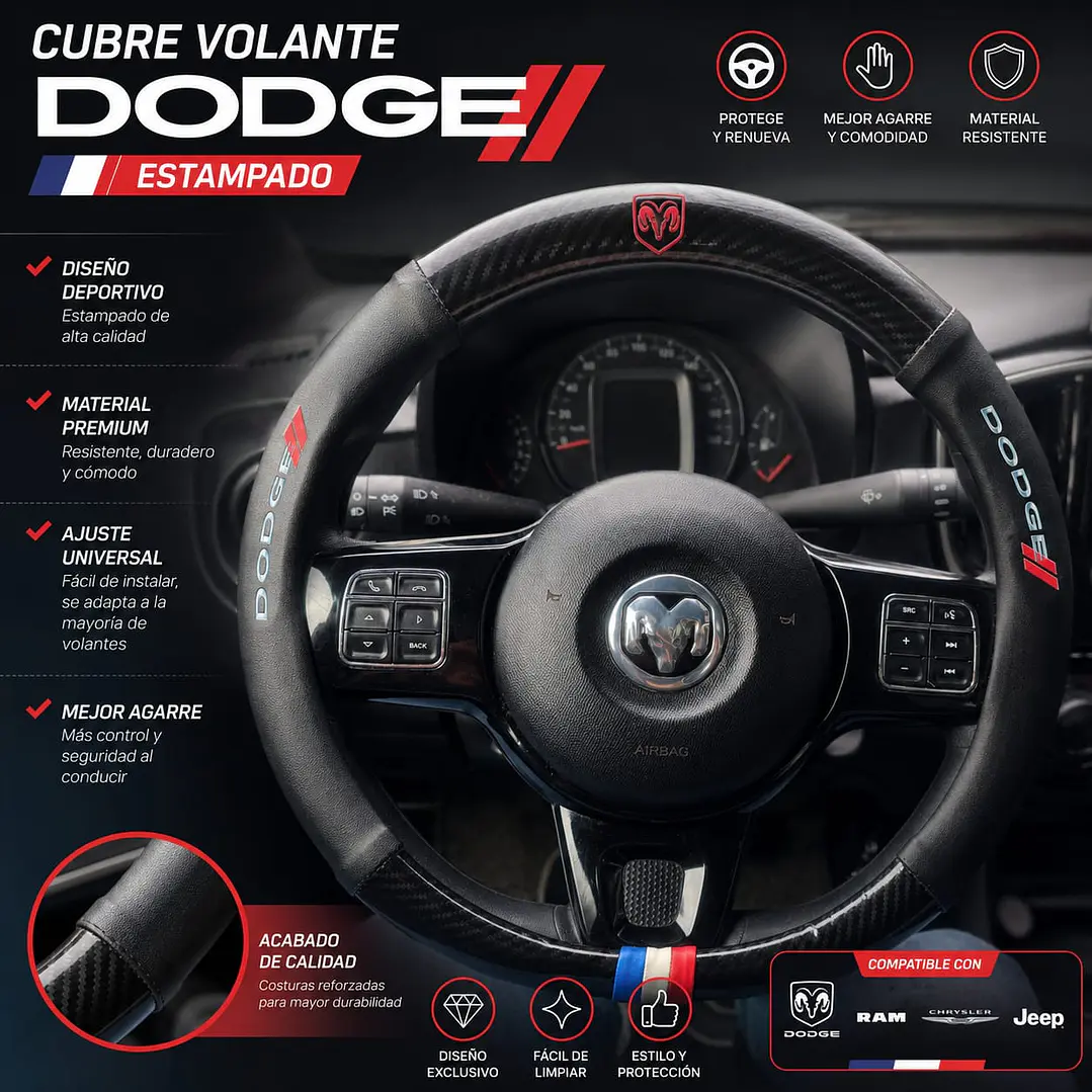 Cubre Volante Deportivo 38 cm Compatible con Dodge 3