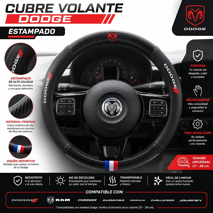 Cubre Volante Deportivo 38 cm Compatible con Dodge 4