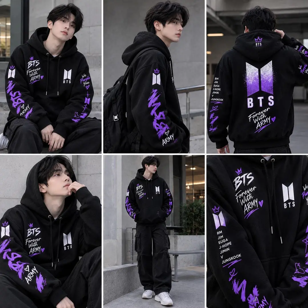 Polerón BTS Negro con Diseños Morados y Blancos – Estilo ARMY 💜 2