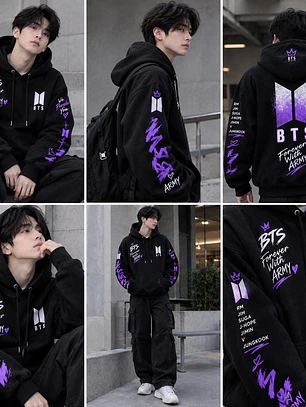 Polerón BTS Negro con Diseños Morados y Blancos – Estilo ARMY 💜