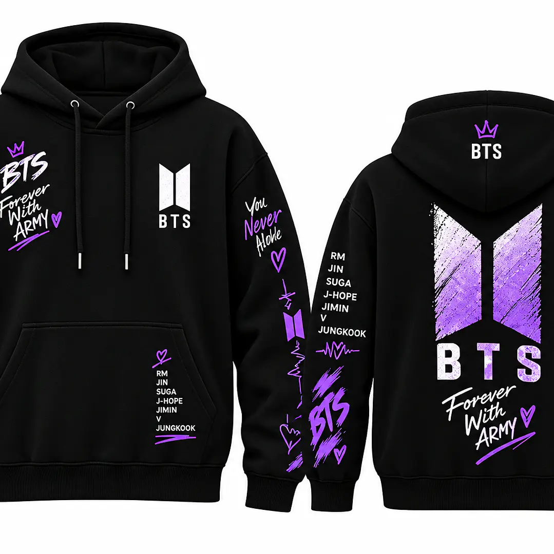 Polerón BTS Negro con Diseños Morados y Blancos – Estilo ARMY 💜 1
