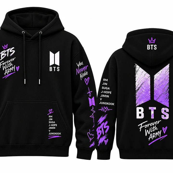 Polerón BTS Negro con Diseños Morados y Blancos – Estilo ARMY 💜 1