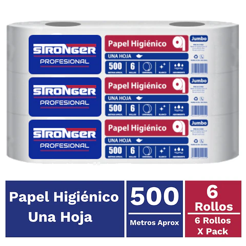Papel higiénico STRONGER una hoja 6X500 metros