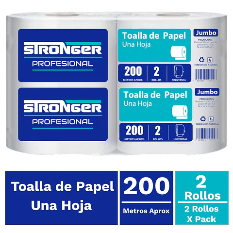 Toalla de papel STRONGER hoja simple 2x200 metros