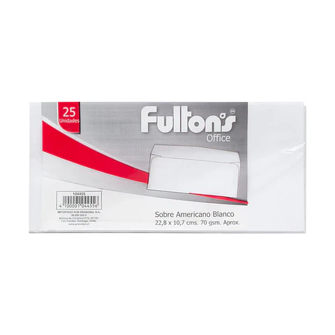 SOBRE AMERICANO 228X105 BLANCO 70G FULTONS