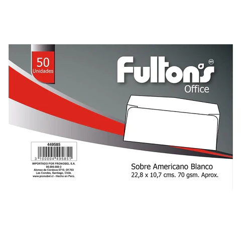Sobre americano blanco 70gr FULTONS 50 unidades
