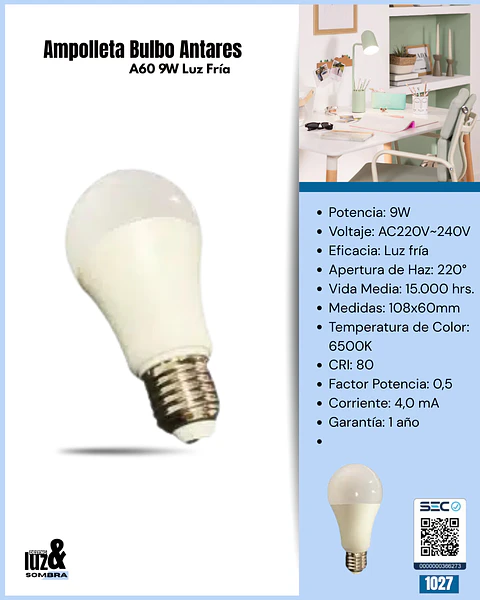 Ampolleta Bulbo Antares A60 9W Luz Fría