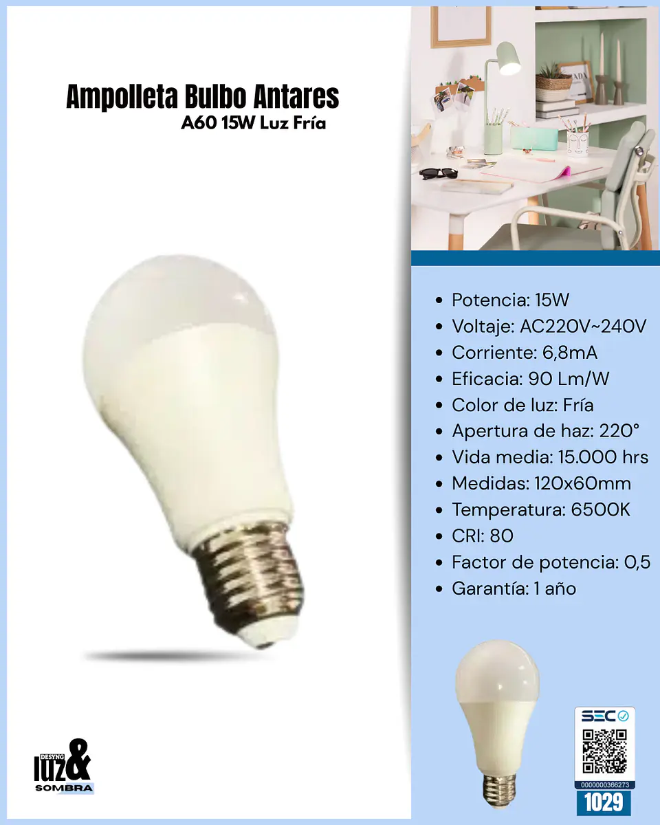 Ampolleta Bulbo Antares A60 15W Luz Fría 1