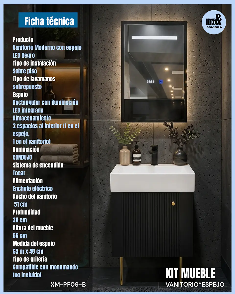 Muebles para baños + espejo con luz led de 50cm negro 1