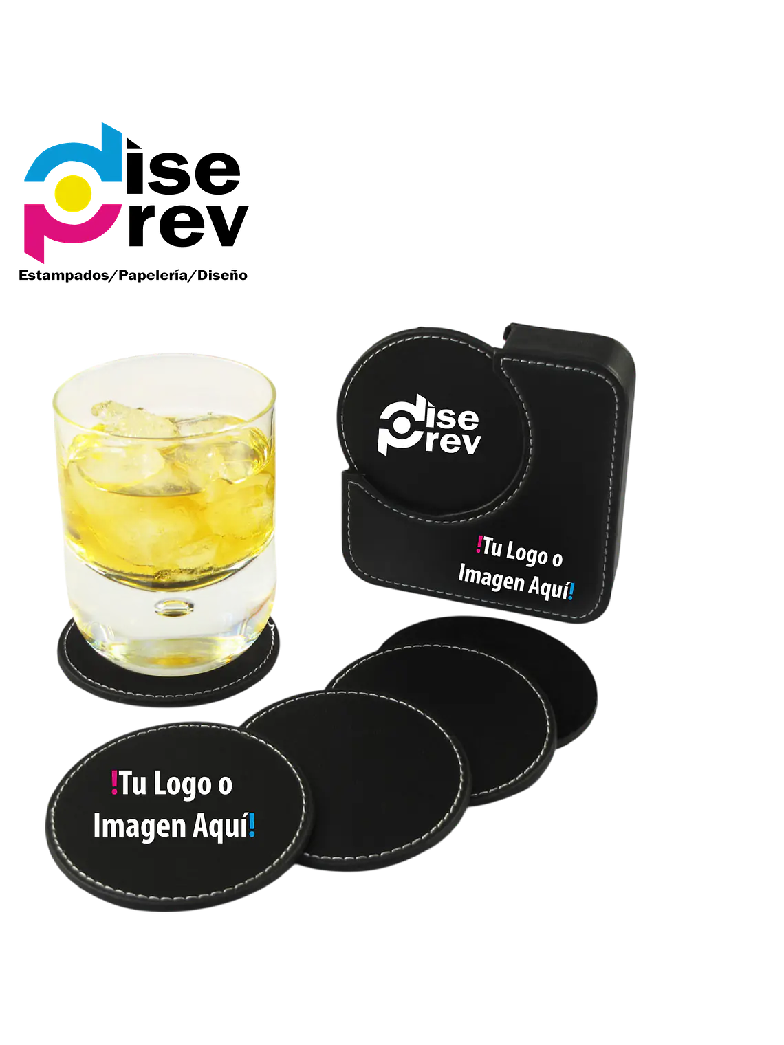 Set de 6 Posavasos Redondos Negros PU más contenedor 1