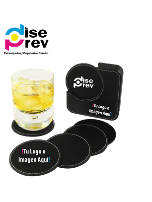 Set de 6 Posavasos Redondos Negros PU más contenedor