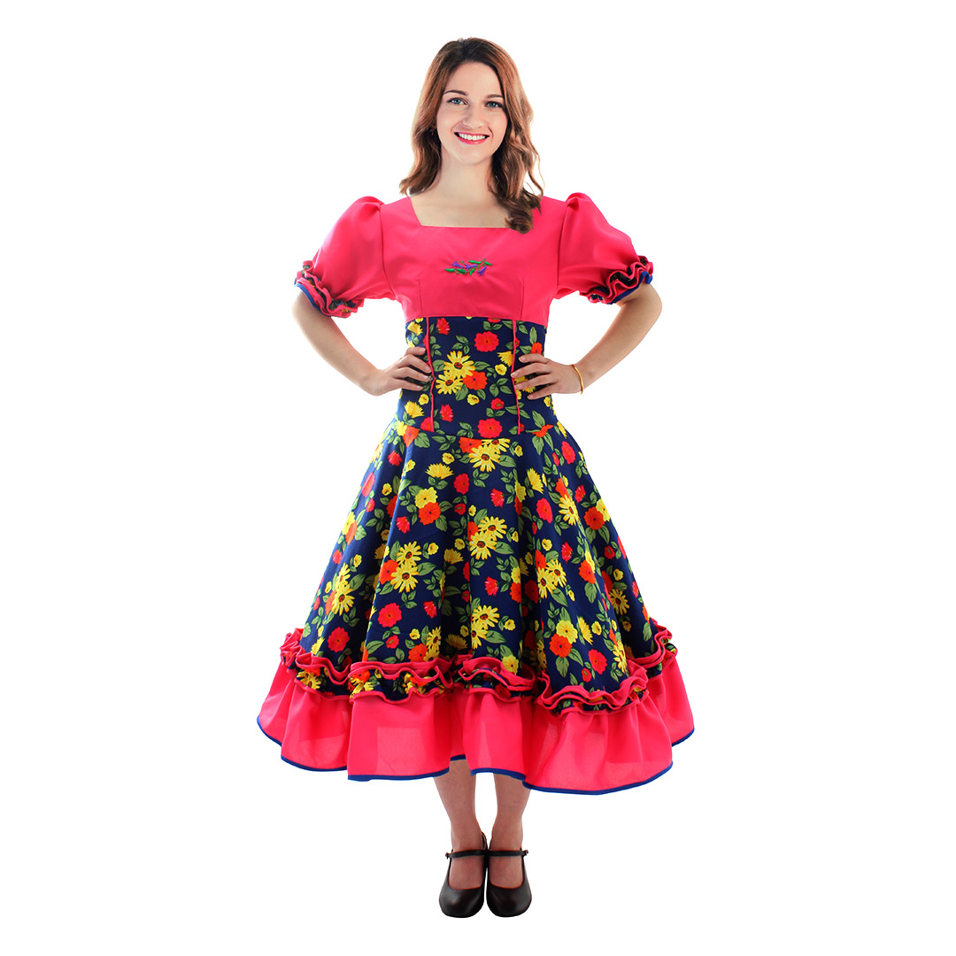 VESTIDO HUASA FLOREADO FUCSIA CON AZUL