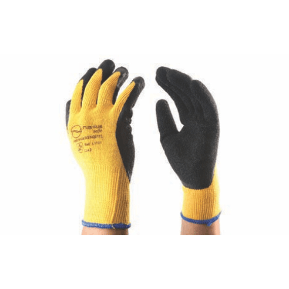 Guantes Crinkle látex, puño en algodon,palma cubierta de látex natural, color negro con amarillo. 