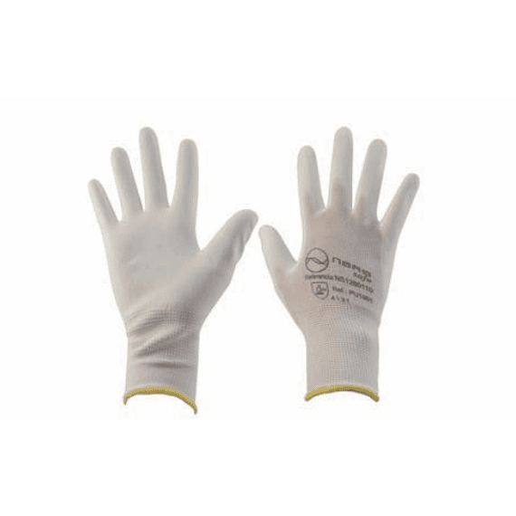 Guantes nylon PU poliuretano, puño cerrado. color blanco.