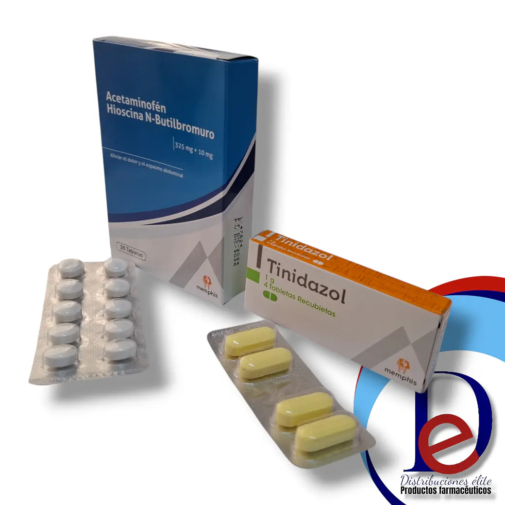 COMBO ACETAMINOFEN 325 MG + HIOSCINA 10 MG X 20 TAB Y TINIDAZOL 1GR X 4 TAB - - MEMPHIS- VTO DIC 26- UBI 15-C 1