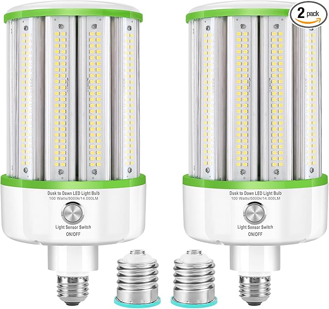 Paquete de 2 Bombillas LED Tipo Maíz GEPLAD 100W con Sensor Fotocelda | 14,000 LM, Atardecer al Amanecer, Base Dual E26/E39 1