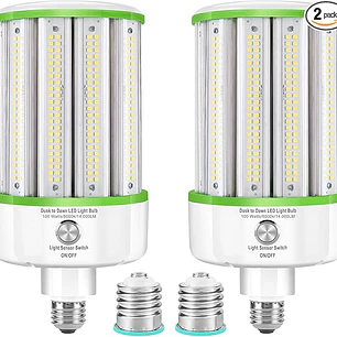 Paquete de 2 Bombillas LED Tipo Maíz GEPLAD 100W con Sensor Fotocelda | 14,000 LM, Atardecer al Amanecer, Base Dual E26/E39