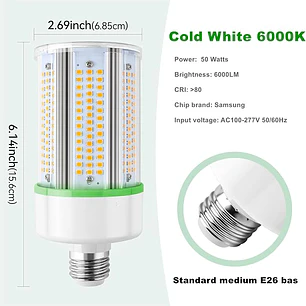 Paquete de 2 Bombillas LED Tipo Maíz GEPLAD 50W | 6000 LM, Diseño 50% Más Compacto, Base E26, 5000K Luz Fría