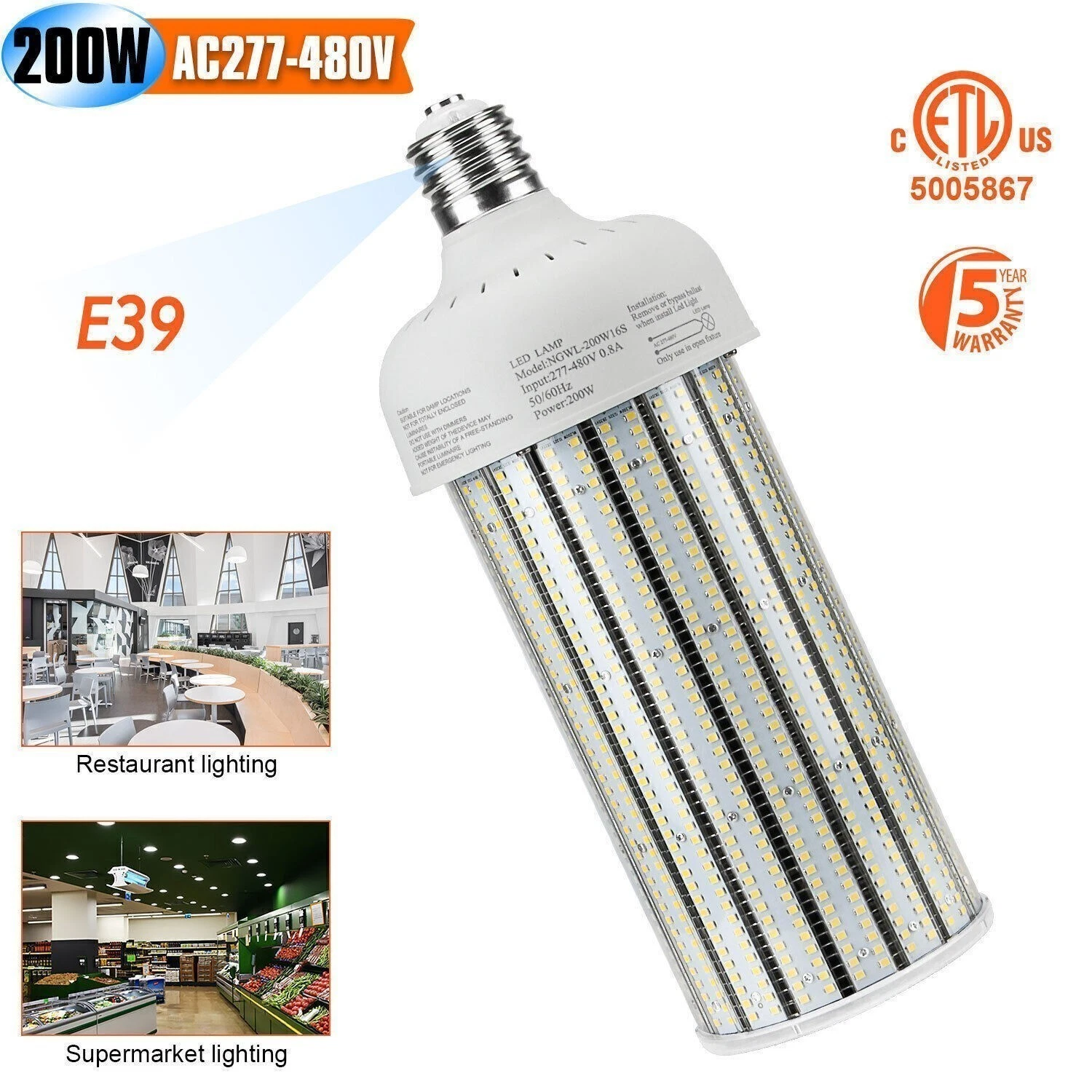 Bombilla LED Tipo Maíz Kukuppo 200W de Alto Voltaje (277V-480V) | 27,000 LM, Base Mogul E39, 6000K Luz Fría 1
