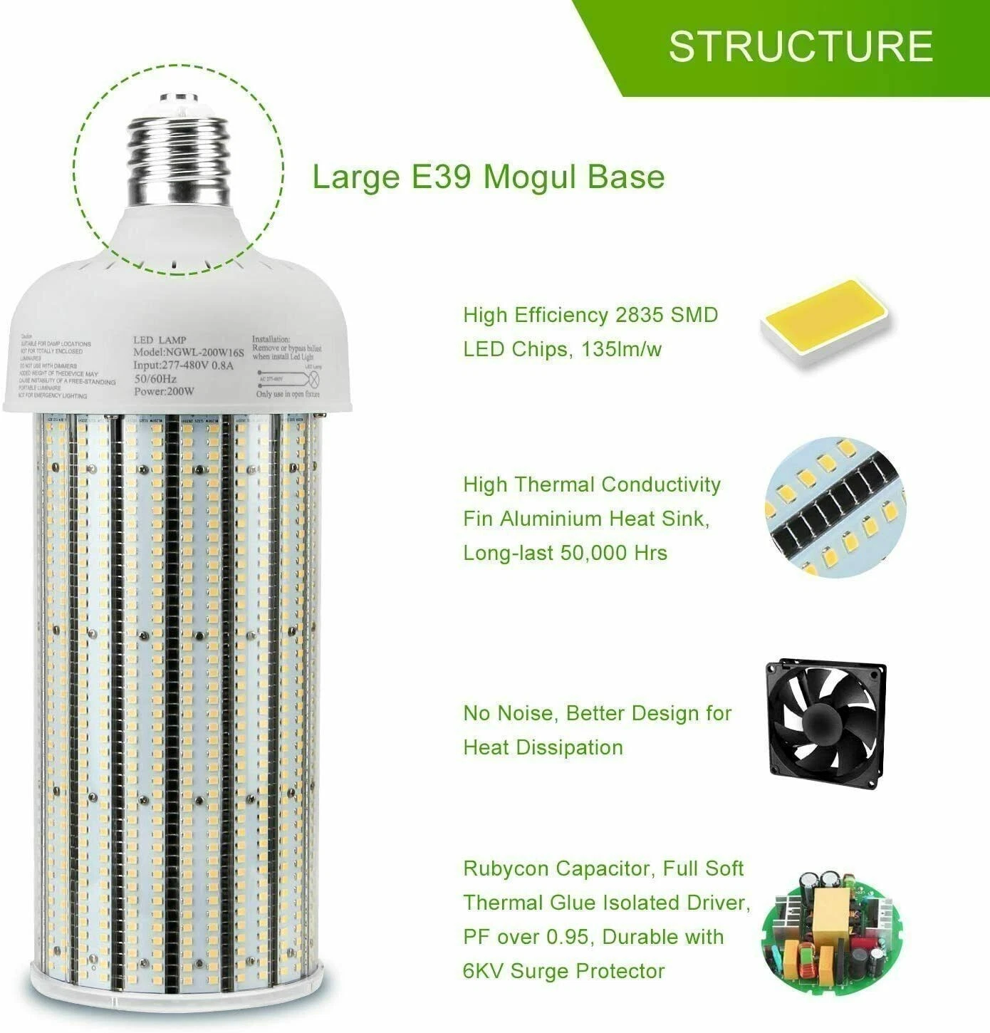 Bombilla LED Tipo Maíz Kukuppo 200W de Alto Voltaje (277V-480V) | 27,000 LM, Base Mogul E39, 6000K Luz Fría 4