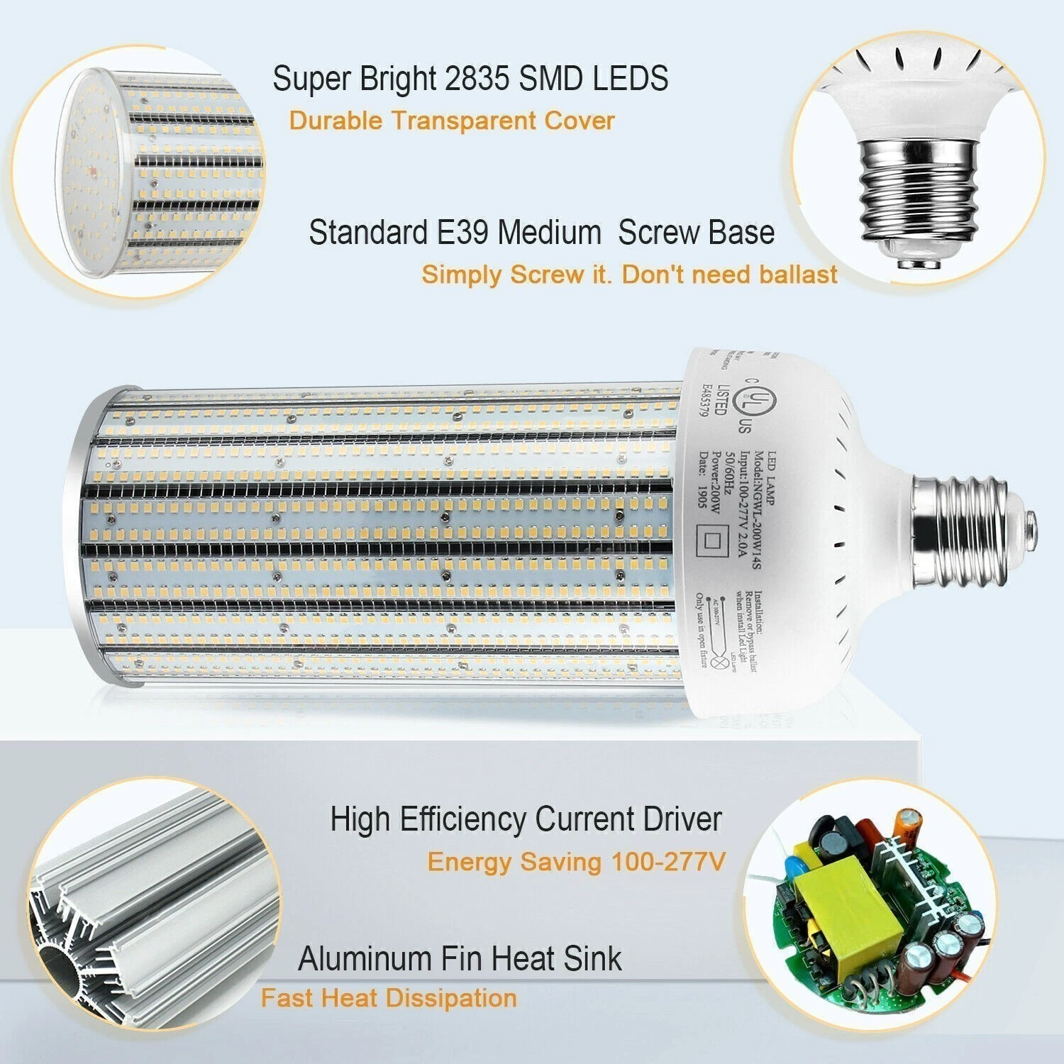 Bombilla LED Tipo Maíz Kukuppo 200W de Alto Voltaje (277V-480V) | 27,000 LM, Base Mogul E39, 6000K Luz Fría 6